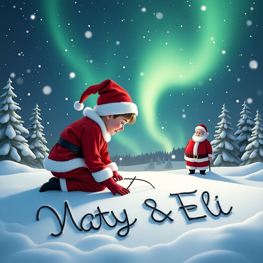 Boy elf writing names Naty and Eli in snow with a stick. Magical Christmas atmosphere with northern lights and Santa in the background.