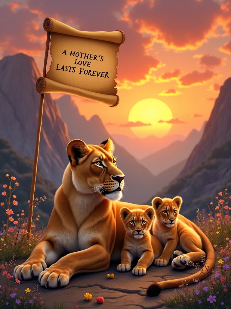 A lioness laid with her three cubs in a serene mountain landscape at sunset. A scroll with the words A MOTHER'S LOVE LASTS FOREVER is present. The scene captures the warmth and tenderness of motherhood in the wild.