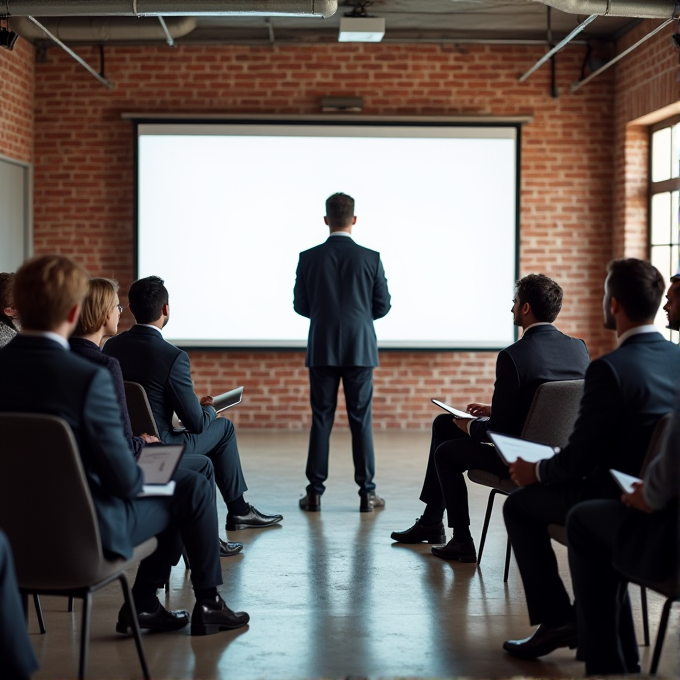 A person is standing in front of a screen, giving a presentation to a seated audience in a brick-walled room.