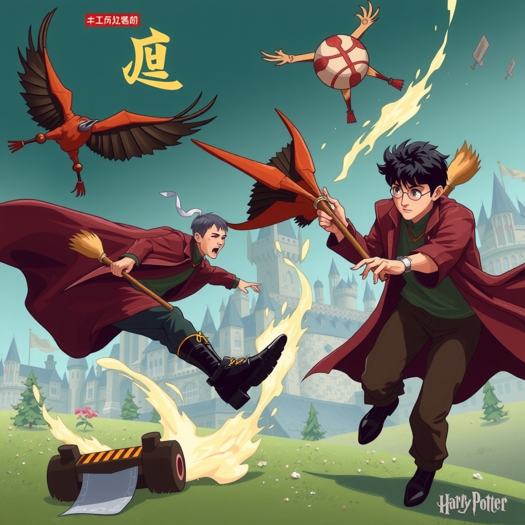 This animated illustration captures two young wizards engaged in a thrilling game, flying on broomsticks over a scenic background of castle towers and vibrant greenery. Bright magical elements surround them, including a whimsical ball with wings and brightly colored birds. The atmosphere is dynamic and lively, evoking a sense of adventure and fantasy.