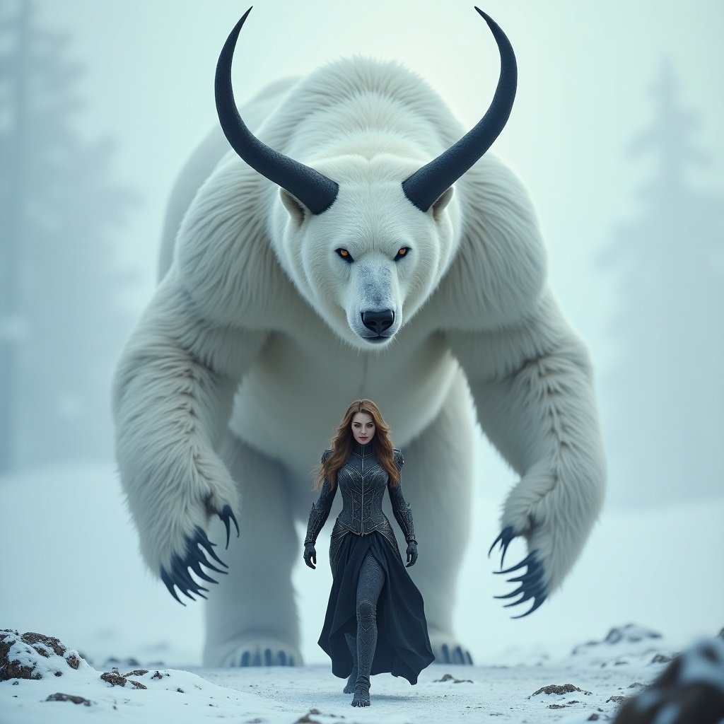 A superheroine walks in front of a giant, mythical white bear. The bear has large black horns and expressive eyes. The setting is snowy and mystical with soft lighting. The scene conveys power and spiritual connection. Textures in the bear's fur and superheroine's costume are detailed.