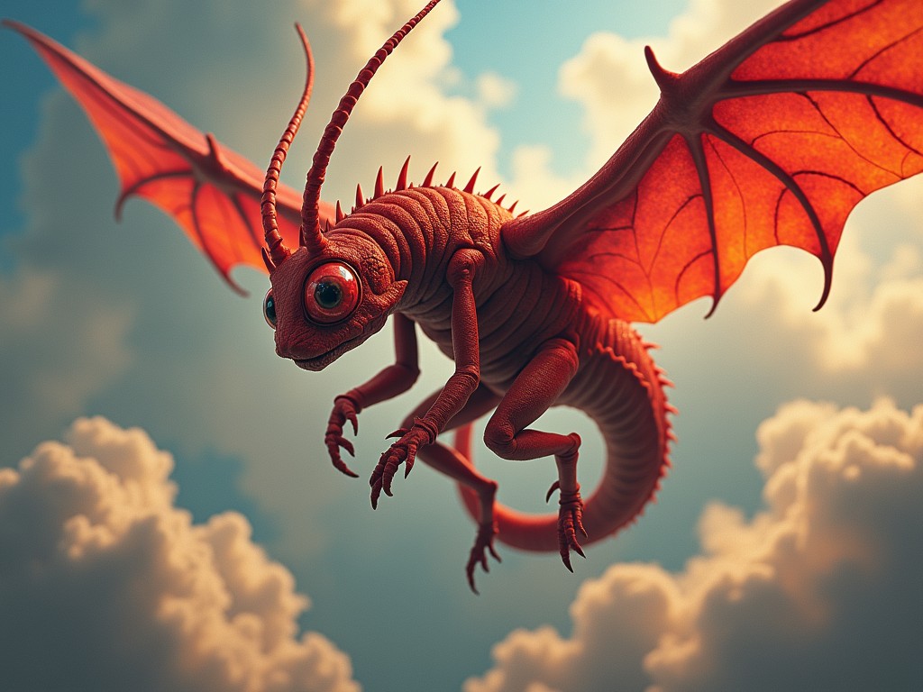 This image depicts a fantastical creature soaring through a bright sky filled with fluffy clouds. The creature, resembling a blend of an insect and a dragon, features vibrant red wings with visible veins and a textured body. The sun illuminates the wings, casting a warm, glowing effect on them, enhancing the otherworldly feel.