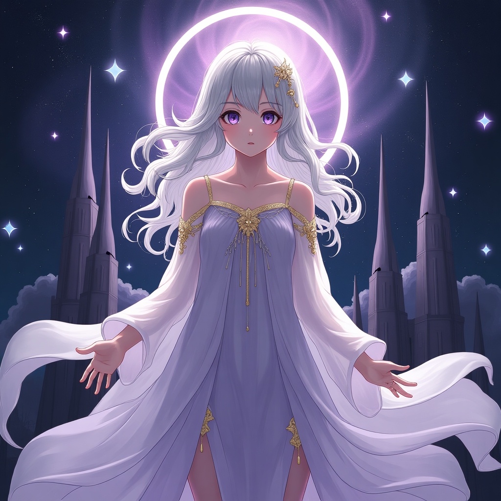 Digital art of a celestial being with flowing silver hair and violet eyes. She wears a white and lavender robe with gold accents. The background features a dark night sky with stars, a nebula, and celestial structures. A magical ring hovers above her head.