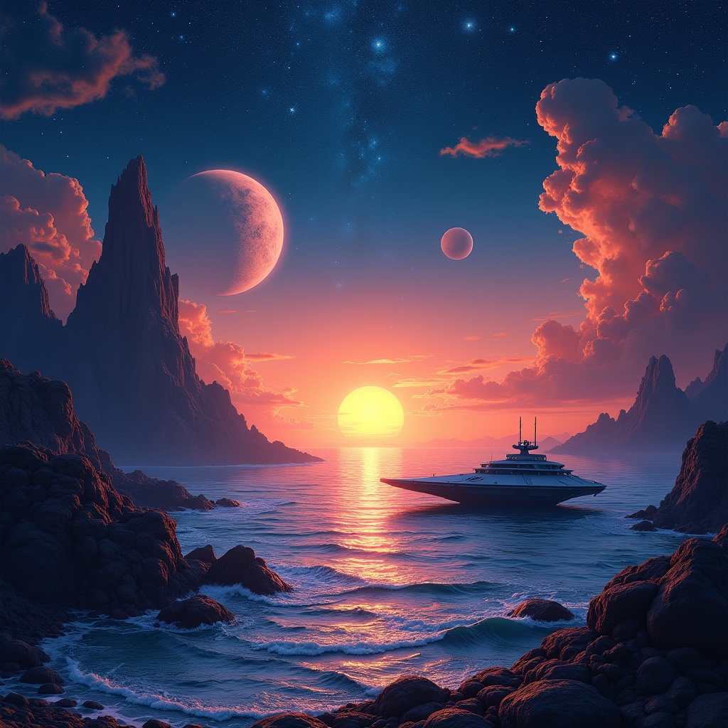 This artwork depicts a stunning imaginary landscape set in outer space. The scene features a sea bay with a docked starship inspired by sci-fi themes, in a dramatic sunset with colors ranging from deep blues to vibrant oranges. Surrounding the area, majestic planets and nebulas float in a dark starry sky, creating a sense of wonder. The rocky terrain adds depth to the image, while the ocean reflects the vibrant colors of the sunset. This piece combines elements of psychedelic art and futuristic exploration, inviting viewers into a realm of spiritual energy and cosmic beauty.