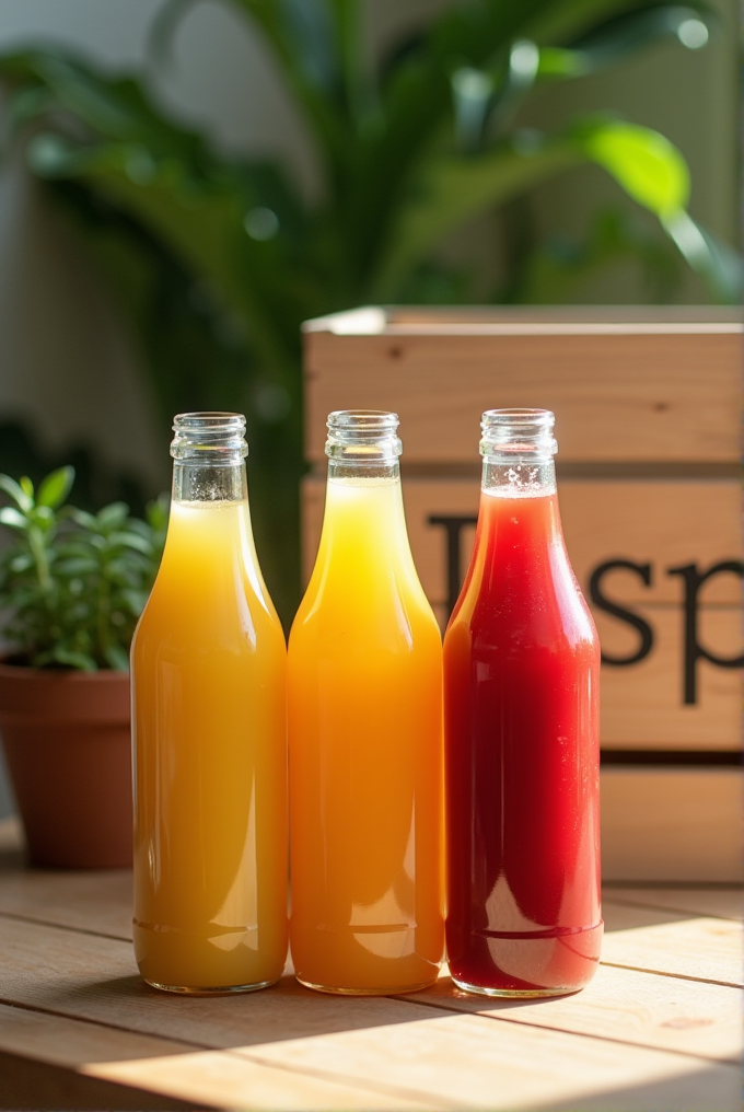 Three bottles filled with brightly colored juices stand in sunlight on a wooden table, with leafy plants in the background.