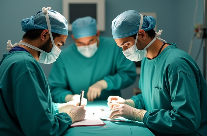 Three surgeons in blue scrubs and masks are operating in a well-lit room.