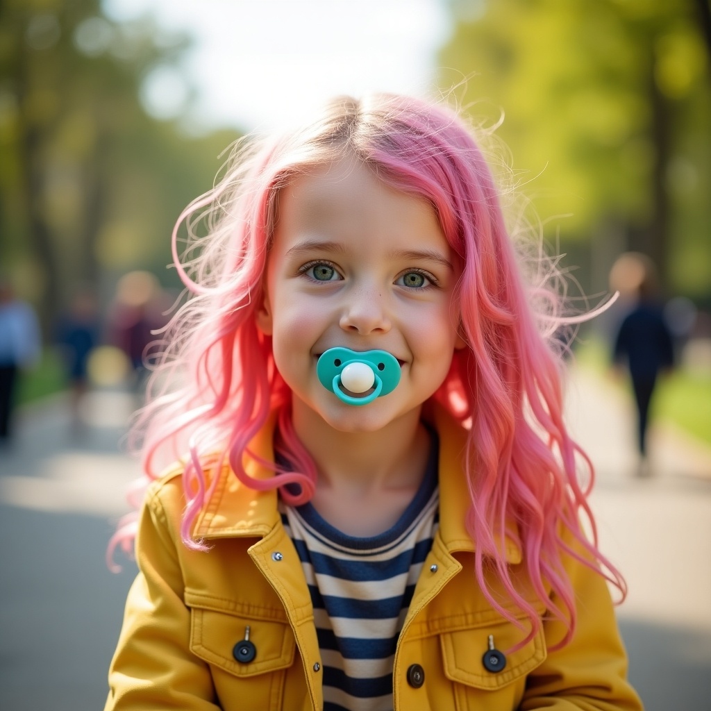 Nine year old girl with long pink hair and emerald green eyes. Wearing a yellow denim jacket and diapers. Smiling in the park. Pacifier in her mouth.