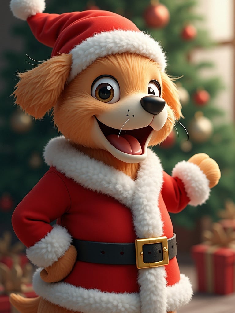 A golden retriever wearing a red and white Santa outfit. The dog has a cute expression and is posing with one paw raised. Background features a Christmas tree with ornaments and gifts.