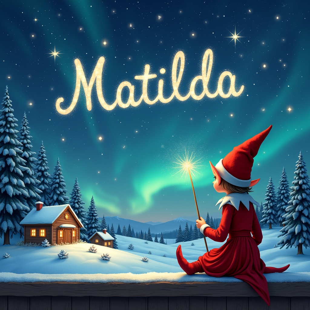 An elf sits on a wooden ledge, back to the viewer, gazing at a magical night sky. Dressed in a bright red outfit and pointed hat, the elf holds a shimmering wand. With the wand, the elf writes 'Matilda' in the starry sky above. Below, a snowy landscape features charming little houses and evergreen trees. The sky is lit up with shimmering Northern Lights. The scene captures the essence of childhood magic and Christmas joy, as the elf also adds the names 'Natasha' and 'Ada' with its wand, enhancing the enchanting atmosphere.