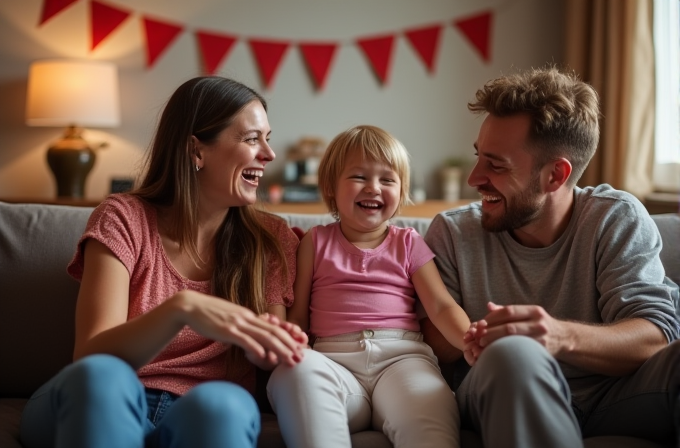 A happy family sitting on a couch, sharing laughter in a warmly decorated living room.