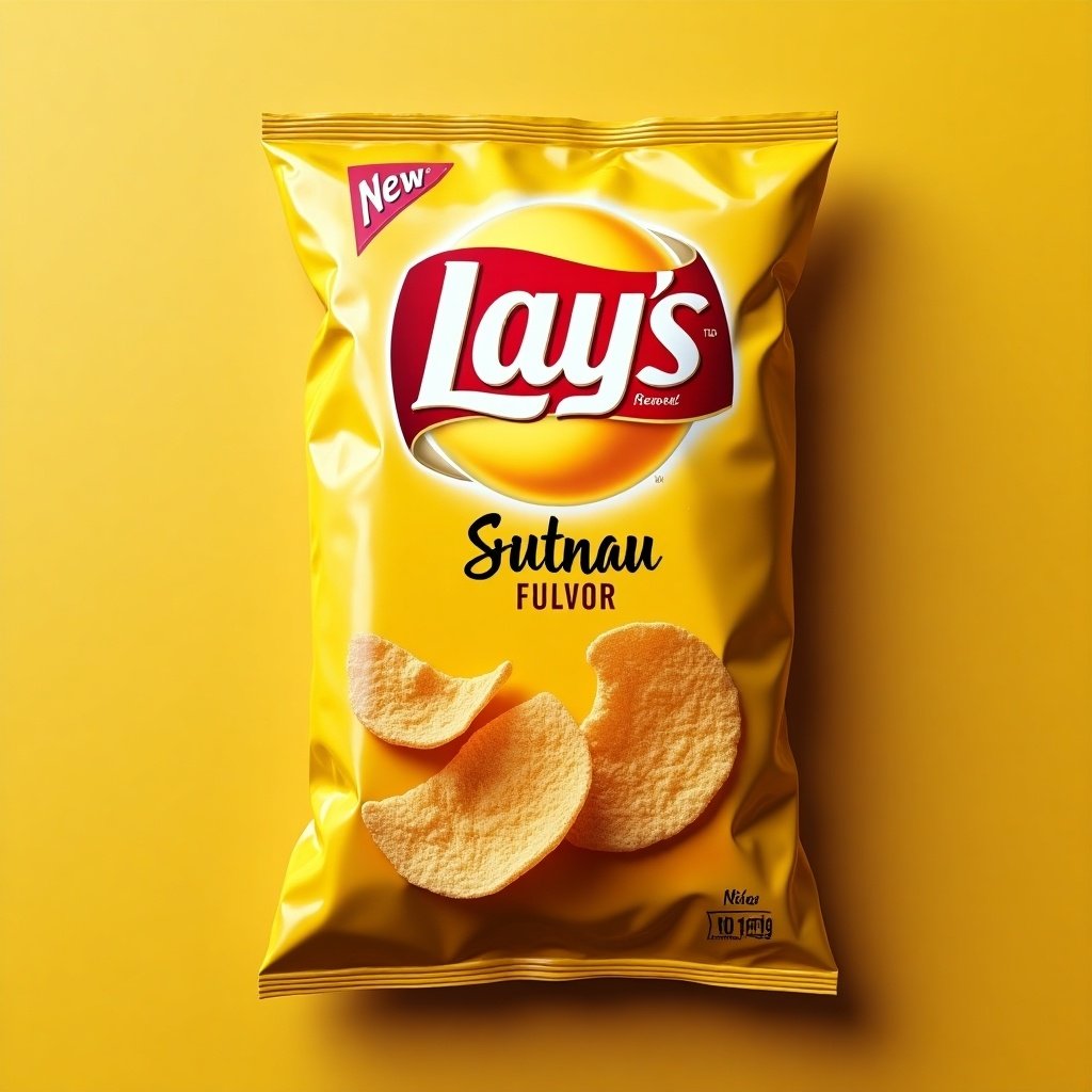 Lay's chip bag with the text sutnau flavor on yellow background.