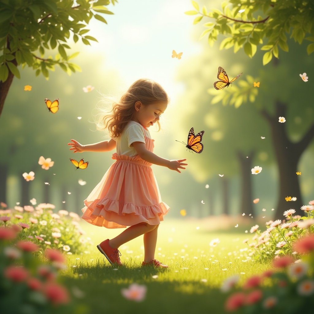 A little girl runs through a sunny garden. Butterflies flutter around. Colorful flowers bloom on either side. The scene captures a joyful moment of childhood in nature.