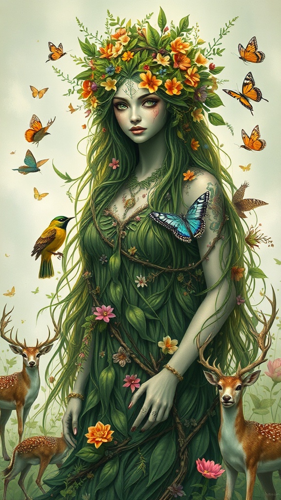 A mystical scene featuring a female figure embodying nature, adorned with a crown of vibrant flowers and foliage. Her gown is made from intertwining vines, accentuated by butterflies and surrounded by deer and songbirds. The ethereal composition captures a harmonious blend of flora and fauna, evoking an aura of enchantment and serenity.