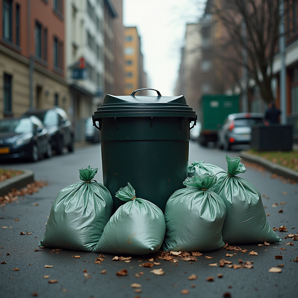 A green garbage bin and several trash bags on an autumn street with fallen leaves.