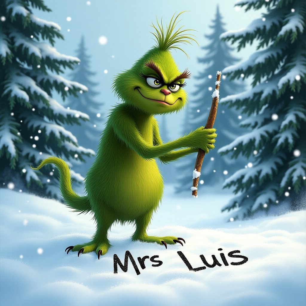 A whimsical Grinch character is writing in the snow. The atmosphere is snowy and festive. The Grinch appears mischievous and playful while holding a stick. The background features evergreen trees.