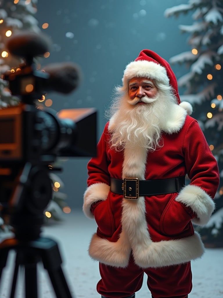 Magical Santa Claus stands in a film shooting spot. Santa is in a red suit with a belt. A film camera is positioned in front of him. Background features snowy trees and lights. Seasonal atmosphere is present.