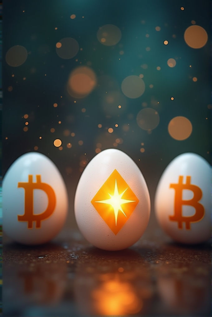 Three eggs feature digital currency symbols with one in the center glowing brightly.