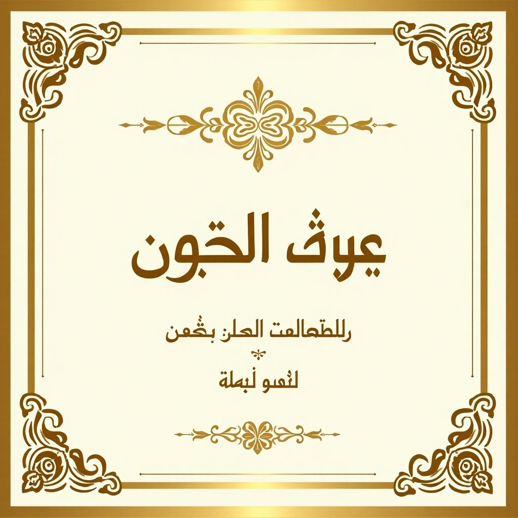 Elegant Arabic text for wedding invitation. Names حسن وشهد featured prominently. Ornate borders and floral designs around the text. Luxurious gold and cream colors dominate the card. Suitable for prestigious cultural events.