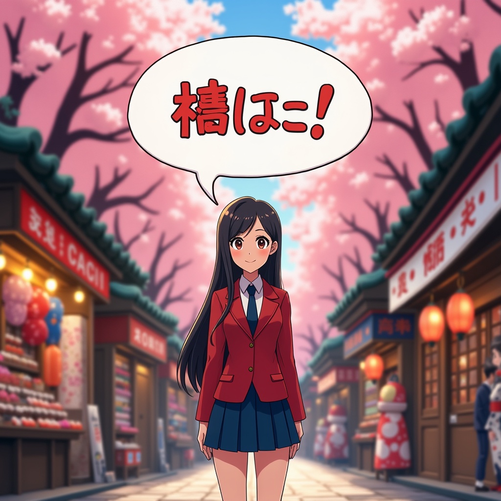 In the scene from *Spy x Family*, Anya Forger stands in a lively Japanese street market. She wears her iconic red blazer, blue skirt, and a white shirt with a black tie. Cherry blossom trees are in full bloom above her, creating a stunning backdrop. Colorful stalls line the street, selling traditional items like kimonos and crafts. Above her, a speech bubble expresses a birthday greeting in elegant Japanese calligraphy.