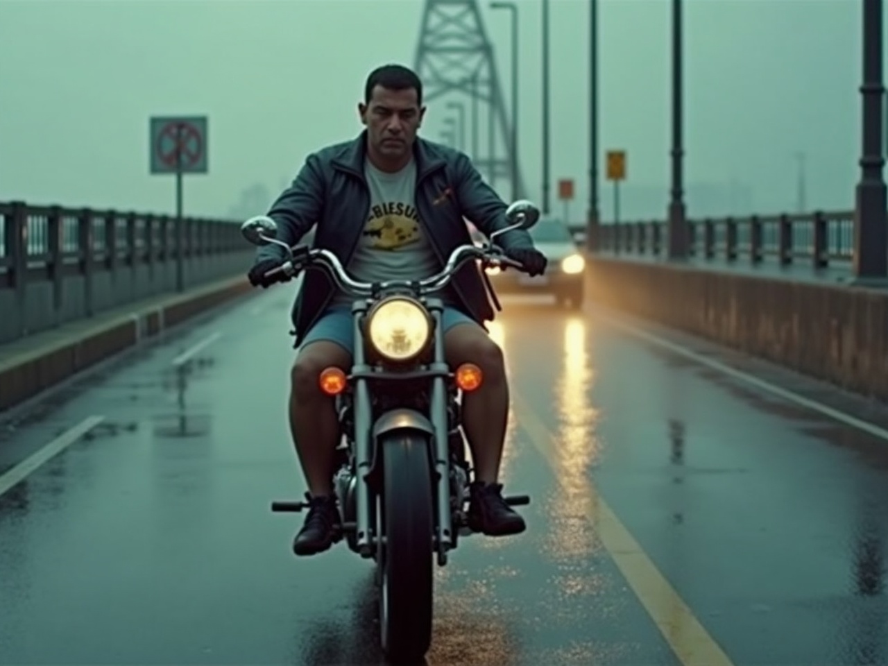 A person rides a motorcycle on a rainy bridge with headlights glowing.