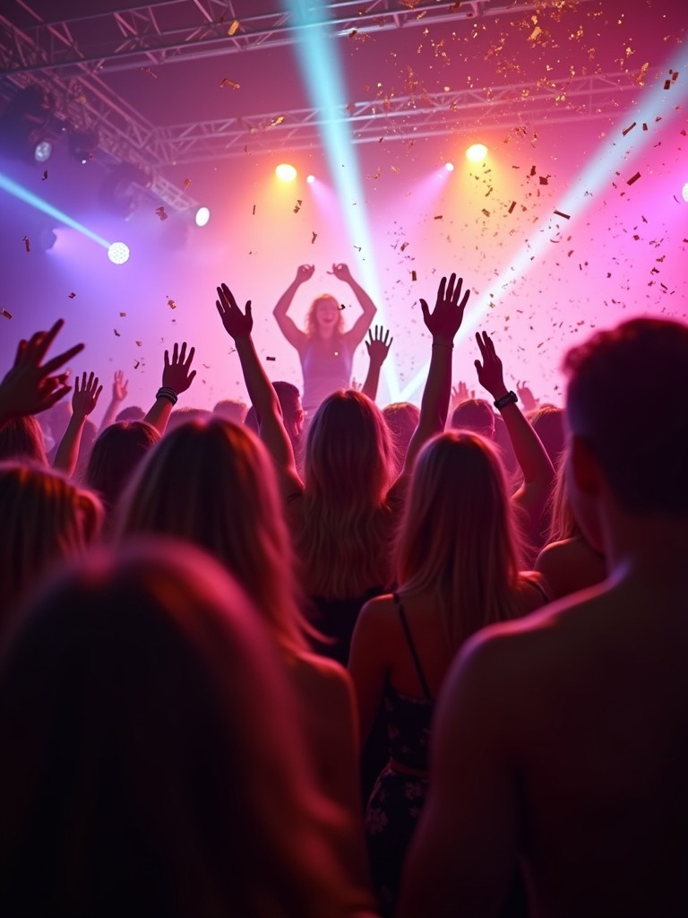 A realistic depiction of a lively Danish-style party scene. The image features a crowd of enthusiastic dancers. Colorful lights and confetti fill the air. Smoke adds to the atmosphere. A DJ is visible in the background with his arms raised. Many beautiful people are smiling and dancing.