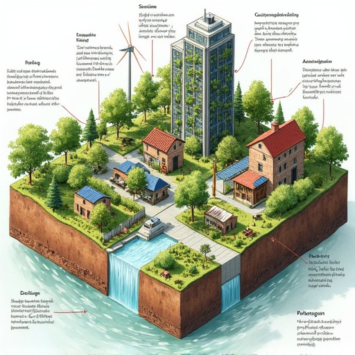 isometric illustration of a sustainable city integrated with nature featuring vertical farms solar panels wind turbines circular food system natural water filtration systems agroforestry diverse housing styles watercolor style with Dutch text labels