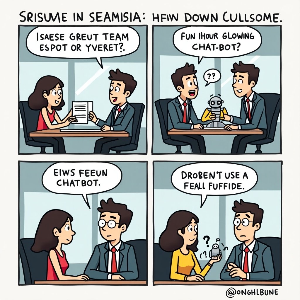 A four-panel comic strip shows teams exchanging ideas. First panel shows a casual group giving documents to a serious group. Second panel shows the serious group brainstorming with puzzled expressions. Third panel features the serious team presenting a glowing chatbot. Fourth panel reveals frustration from the casual team realizing chatbot isn’t functional. The setting is a modern office with a cartoon style.