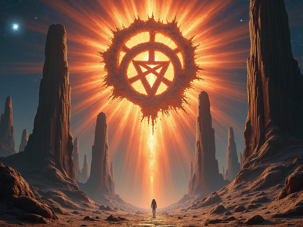 This image features a surreal space rock album cover. At the center is a mysterious cult symbol, a glyph encased in a bright fractal, surrounded by striking rays of light. Below, rocky formations reminiscent of the Pillars of Creation rise dramatically against a cosmic backdrop. The atmosphere evokes both wonder and trepidation, suggesting themes of exploration and the unknown. This artwork splendidly combines elements of fantasy and science fiction, making it ideal for an exhilarating musical journey.