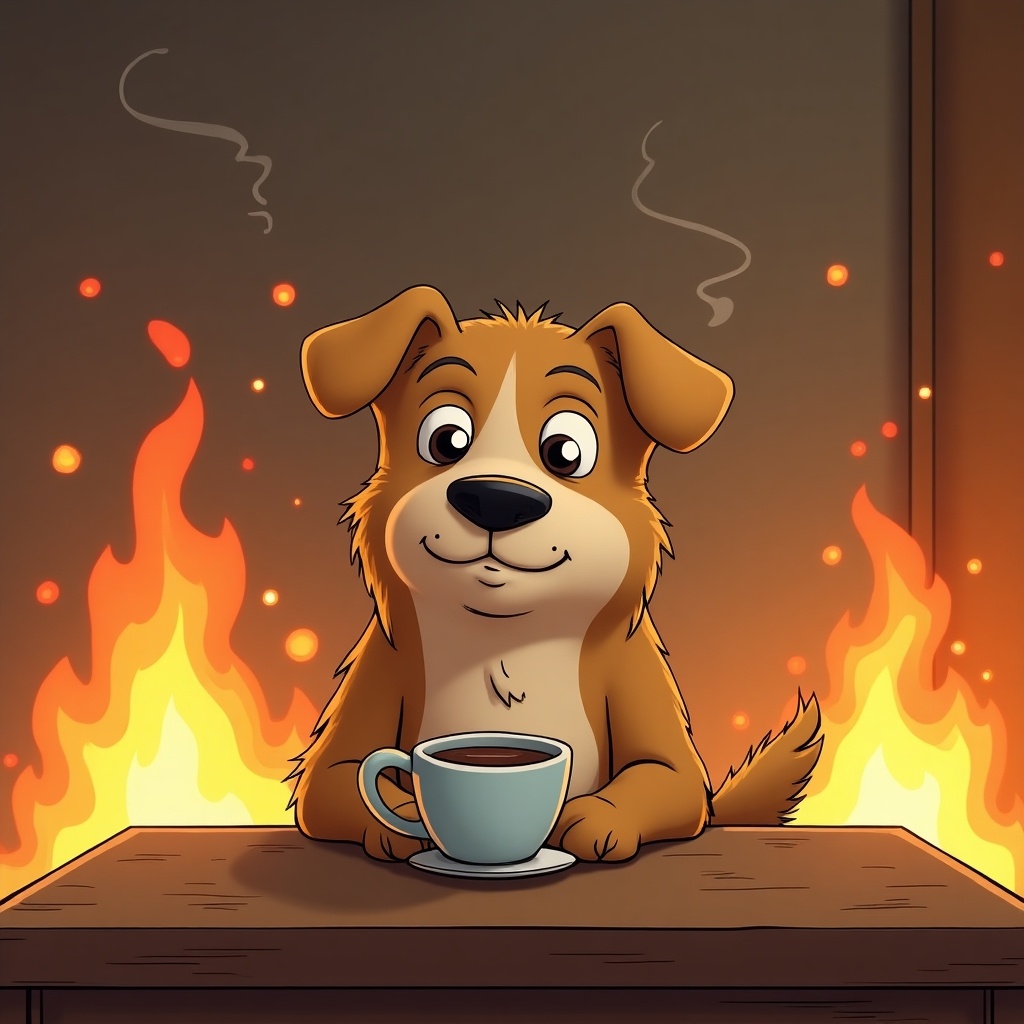 Cartoon image of a dog sitting at a table with a coffee cup. The background features flames indicating chaos. The dog appears calm and content. Illustration style is humorous and cute.