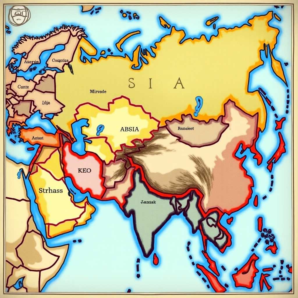 This image depicts a historical map of Central Asia from 2024, illustrating the geography and cultural regions relevant to the 18th century. The map shows no territorial boundaries, focusing instead on artistic embellishments and relevant names. It serves as an educational resource for understanding the region's geography during that time. Various cultural regions are highlighted, providing insight into the historical context. The use of colors and designs evokes the style of the era, making it a visually appealing representation of Central Asia.