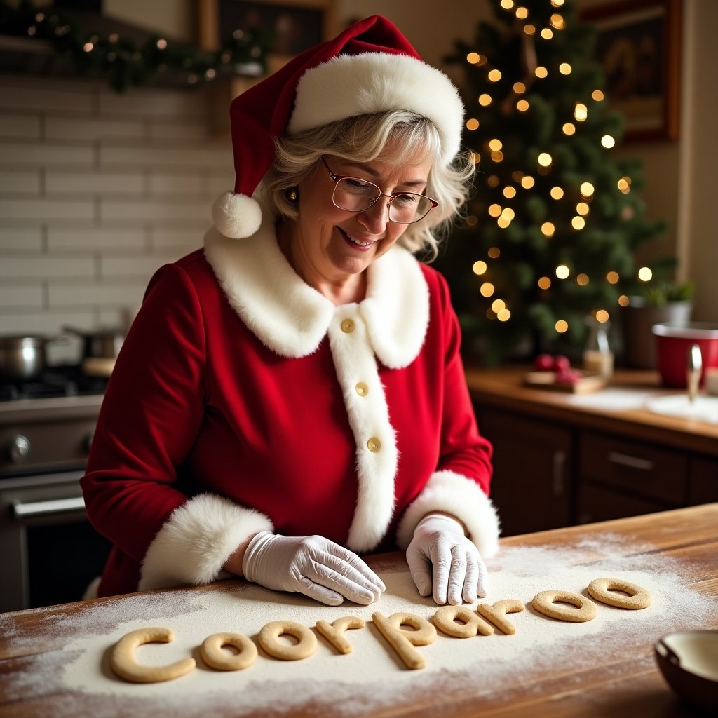 Mrs. Claus is making cookies in a cozy kitchen. Flour scattered on the countertop. Coorparoo is written in flour. Christmas decorations are seen in the background.