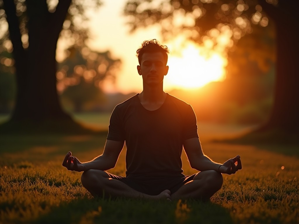 The image features a person sitting cross-legged in a peaceful outdoor setting, meditating with eyes closed. The background is rich with greenery, soft sunlight filters through trees, enhancing the tranquil vibe. This moment captures the essence of mindfulness and connection with nature. The person is deeply focused, embodying serenity and calmness, projecting an inviting atmosphere. It conveys a sense of peace and retreat from the outside world, perfect for spiritual reflection and wellness practices.