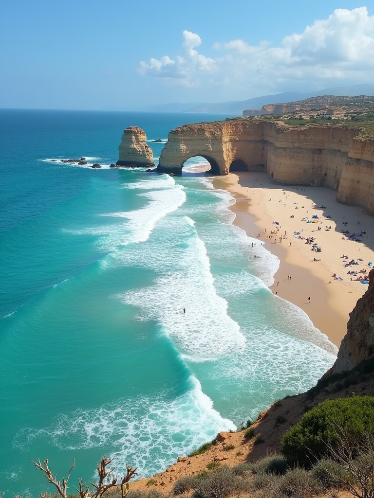 Beautiful beach with turquoise waters and natural rock formations. People relaxing on the sandy shore. Clear skies and bright sun.