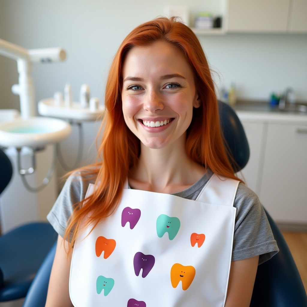 Person with long red hair sits in dental chair. She wears colorful dental bib with cartoon teeth. Background shows dental office equipment. Person is smiling, relaxed, cheerful. Setting is bright and clean.