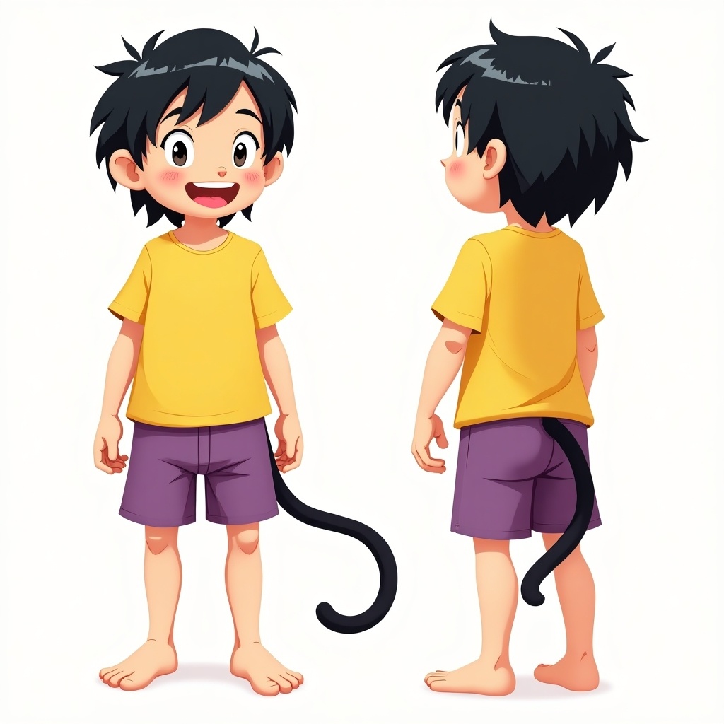 Cheerful full-body anime cartoon character. Older boy with shoulder-length black hair. Dressed in a yellow t-shirt and purple shorts. Barefoot appearance. Sporting a long monkey tail. Presented from front, side, and back angles. Vibrant color palette suitable for children's media. Cartoonish Disney-like aesthetic appealing to younger audiences.