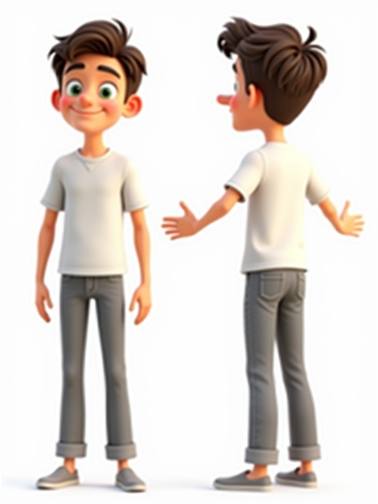 A male cartoon character is depicted in T-pose. The character features front and side views. The characterage appears mid 30s. The character has brown hair and green eyes. He wears a white t-shirt and gray linen pants. The character stands at 165 centimeters tall with a thin face and a long nose. The style is 3D animation.