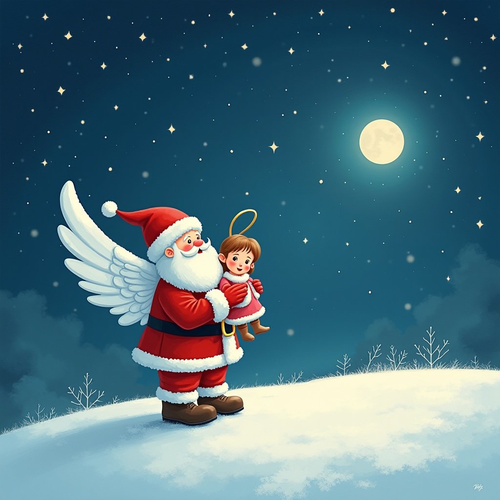 Santa Claus stands on a snowy hill. The night sky is filled with stars and a bright moon. Santa wears a red suit with white trim, holding a baby girl named Ottilie. He has angel wings. The scene conveys warmth and holiday cheer.