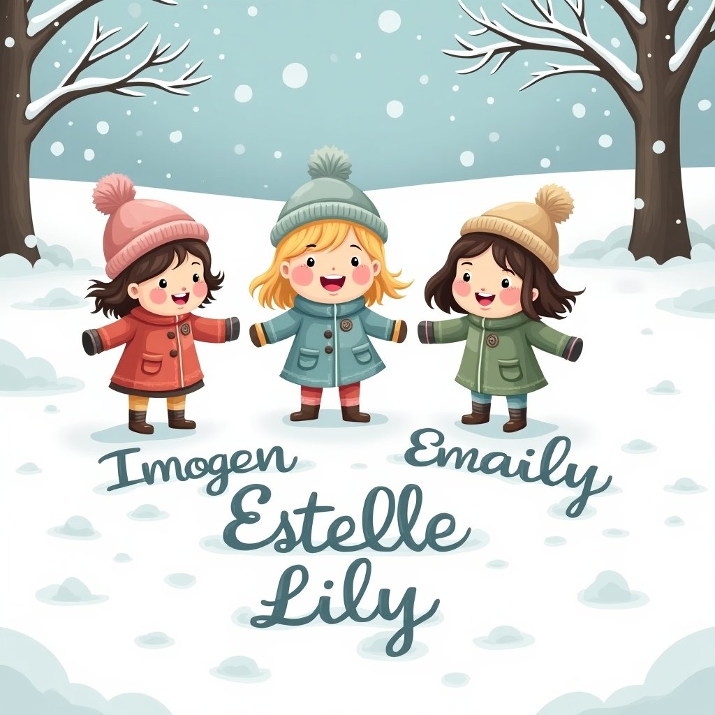 Three little girls in winter clothing stand in the snow. Two have brown hair and one has blonde hair. Their names, Imogen, Estelle, and Lily, are written in the snow beneath them.