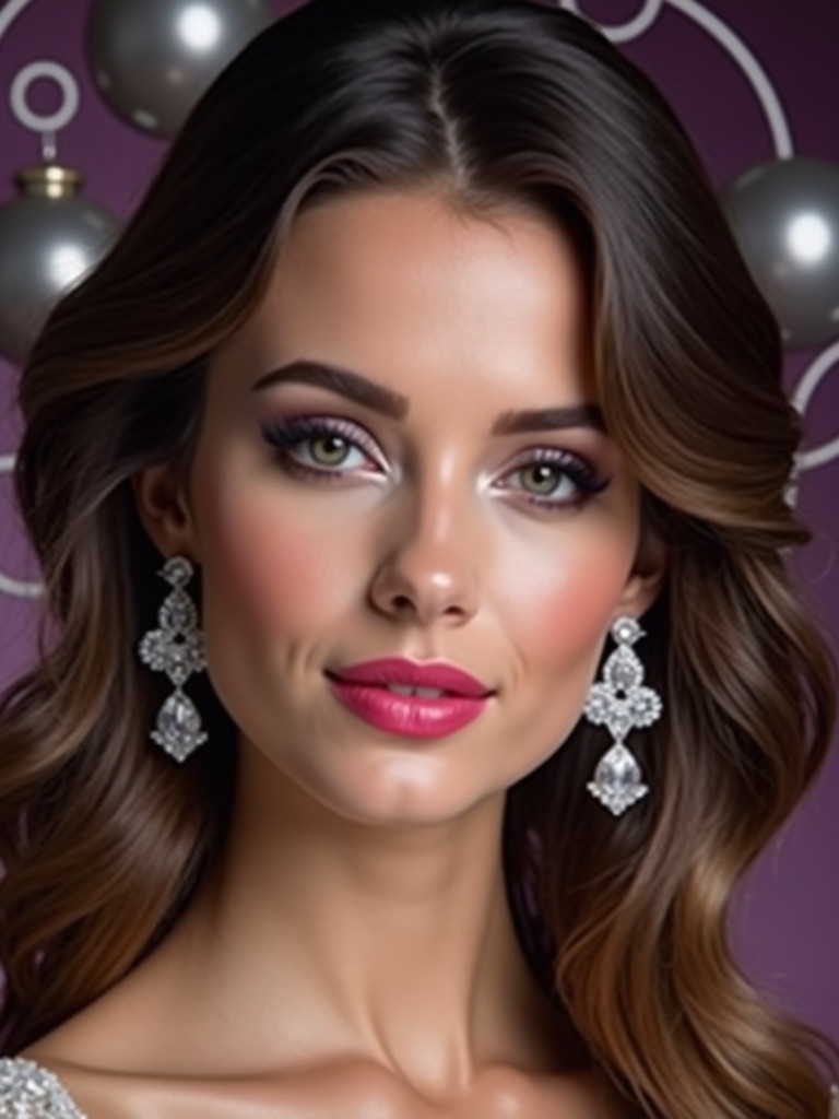 Close-up portrait of a young woman with light brown hair styled in soft waves. She wears glamorous diamond earrings. Her makeup is striking with smoky effect and bright pink lipstick. The lighting is soft, enhancing her skin and jewelry. The background has dark purple and lighter tones, creating depth.