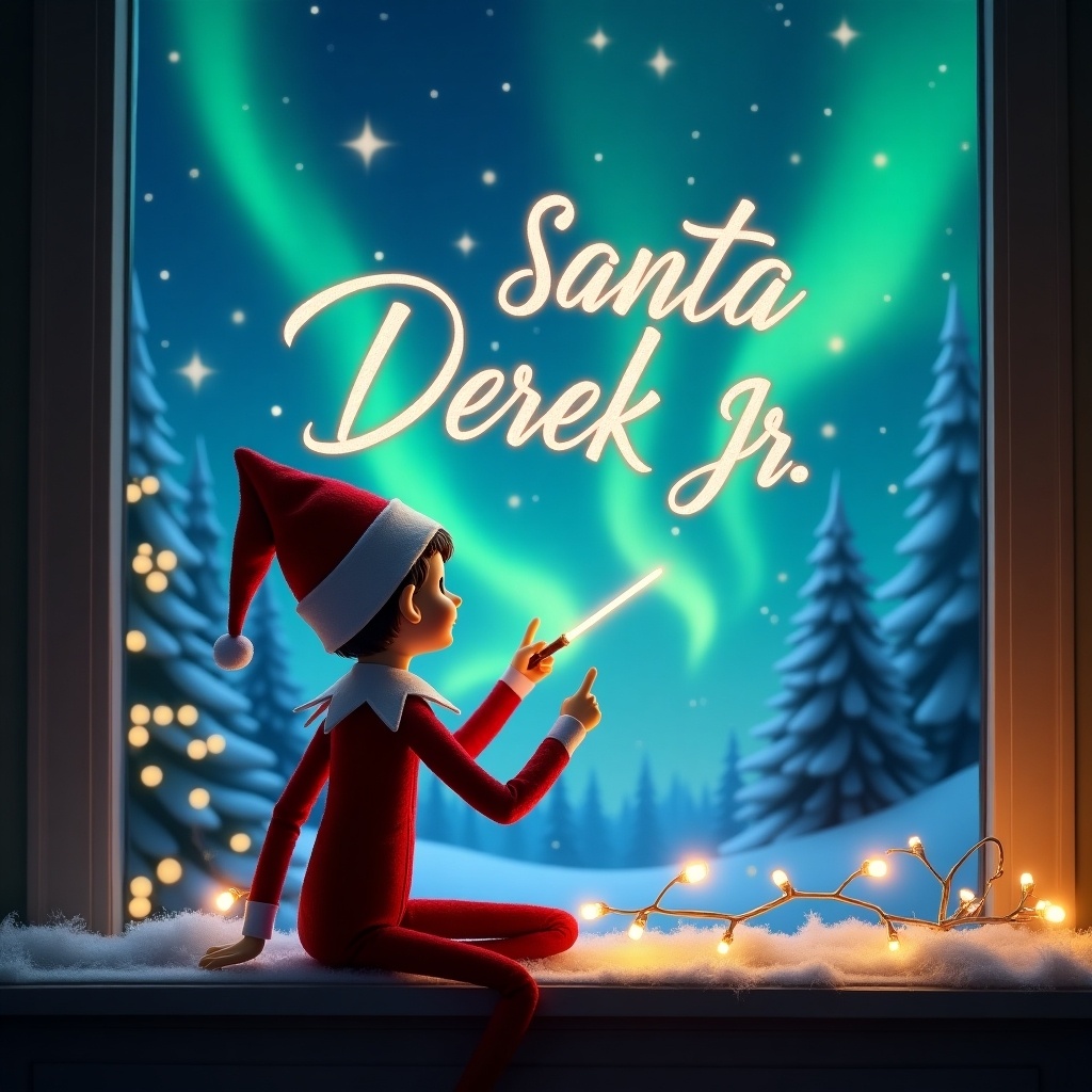 The image features an elf on the shelf, sitting with his back to the viewer, gazing up at a magical sky. He is using a wand to elegantly write in the sky. The background showcases a beautiful scene with northern lights and snow-covered trees. The name 'Santa Derek Jr.' is written in the sky, glowing softly. The scene evokes a sense of wonder and holiday magic.