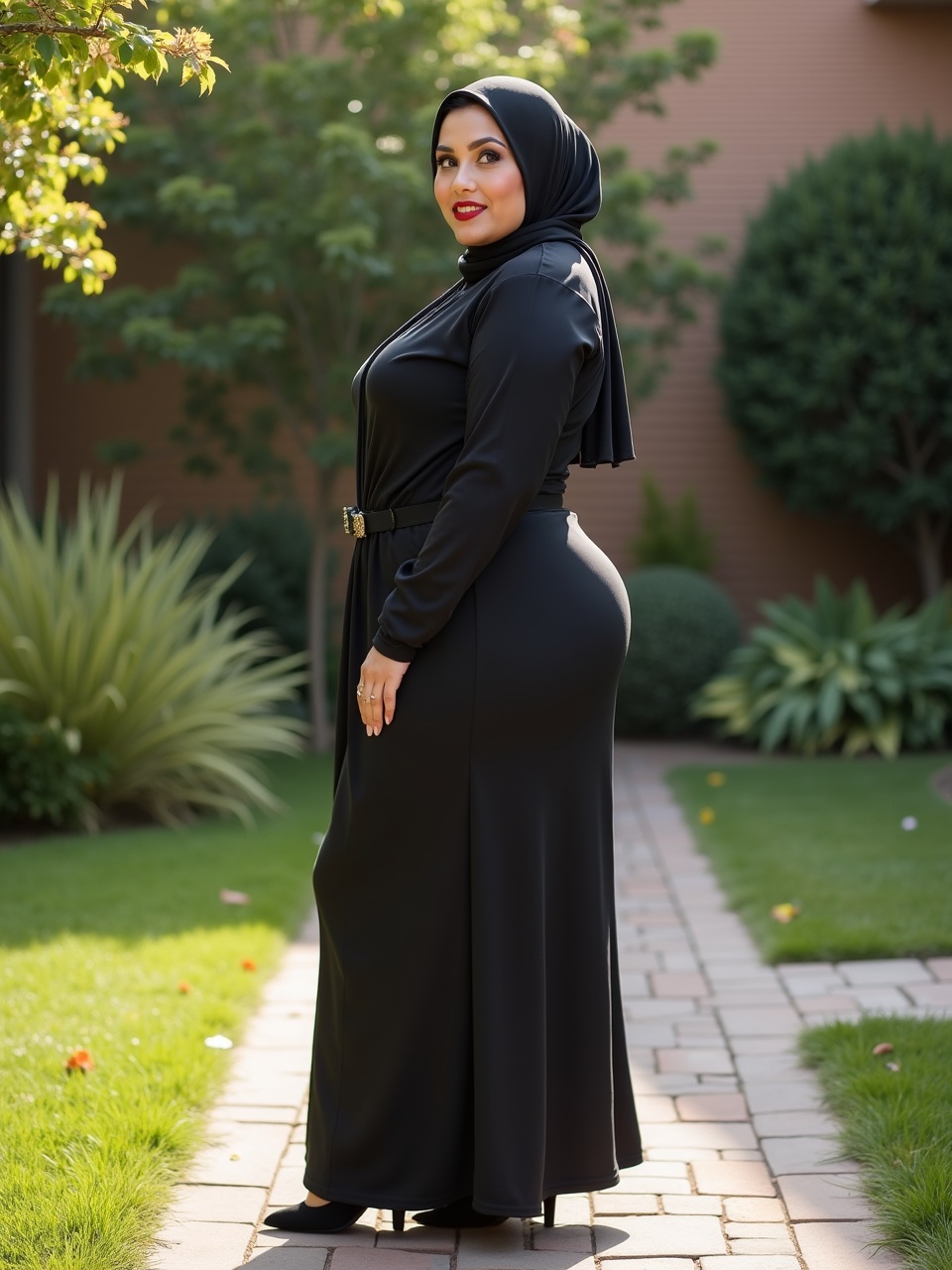 A woman wearing a black maxi dress with a hijab, posing confidently in a garden setting.