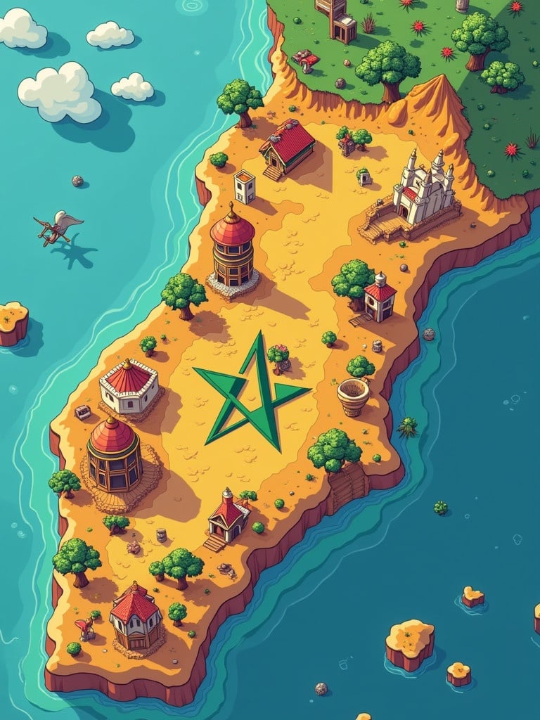 Map of Morocco designed in a Super Mario art style. Features colorful landscapes and iconic Moroccan architecture. Includes playful elements reminiscent of video games. The map displays key landmarks and a star symbol at the center.