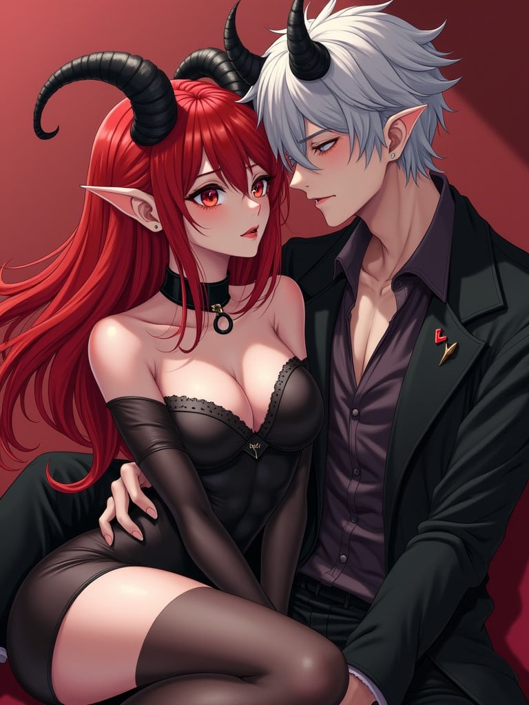 Anime-style succubus character with long red hair and black horns. She has pointed elf ears, a black leather collar with an o-ring. She appears beautiful and seductive. Male demon character features short silver hair and black horns. They share a moment of love. She is sitting on his lap.