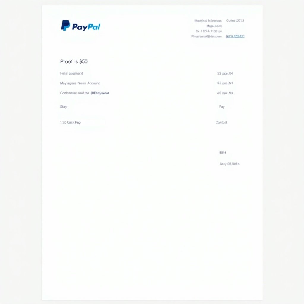 PayPal payment receipt for $50. Document contains details of the transaction such as payer's name and email, transaction amount, and number. Clean design featuring the PayPal logo. Common format for online payments providing details for sender and receiver.