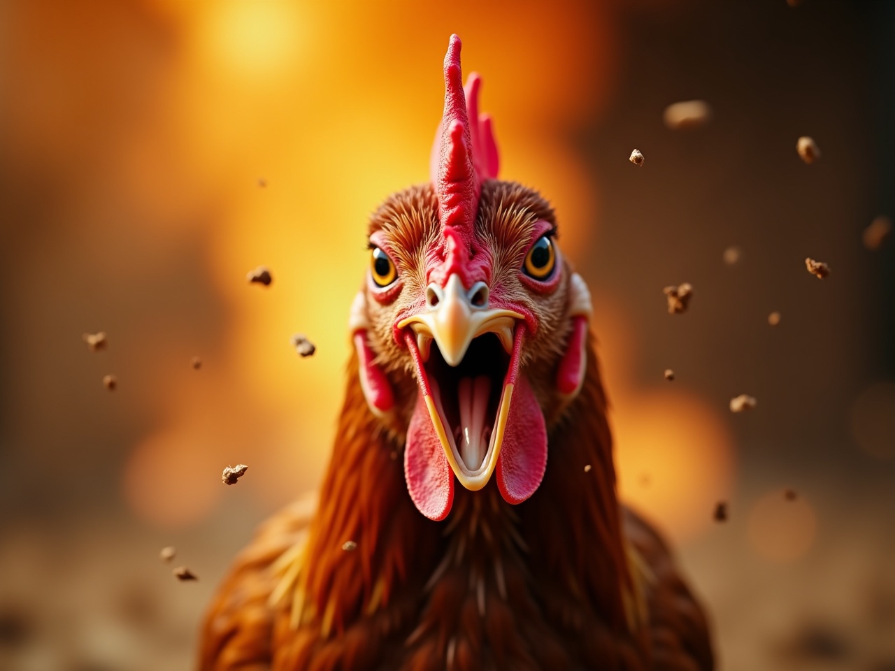 Close-up professional photography of a chicken with an open beak in alarm. Background blurred with warm tones suggesting chaos. Chicken feathers are ruffled with particles in the air. Striking visual due to expression and fiery backdrop.