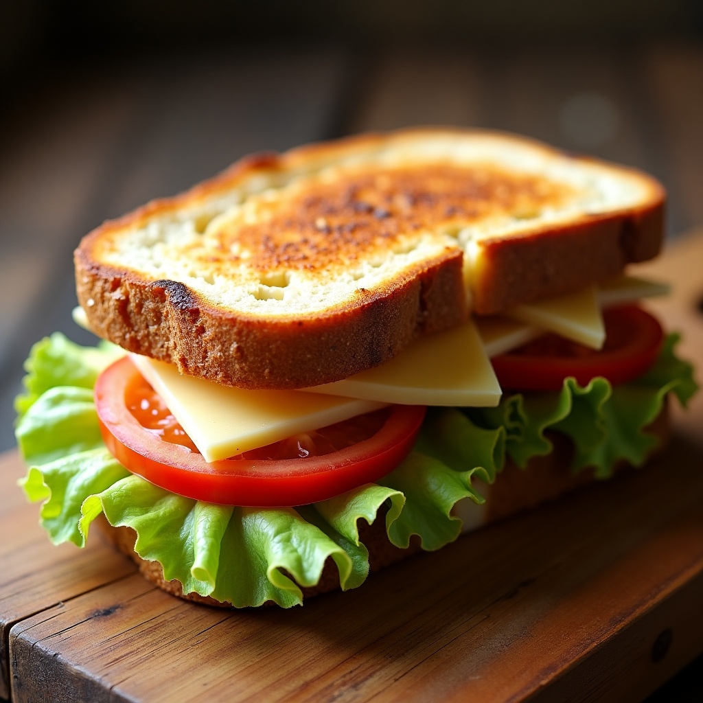 This image features a delicious halloumi and white cheese toast sandwich. The sandwich is layered with fresh iceberg lettuce, slices of ripe tomato, and mild cheese, all between perfectly toasted bread. The use of vibrant colors makes it visually appealing. It sits on a rustic wooden surface, enhancing its homemade feel. This toast sandwich is an example of a gourmet yet simple meal option suitable for lunch or a snack.