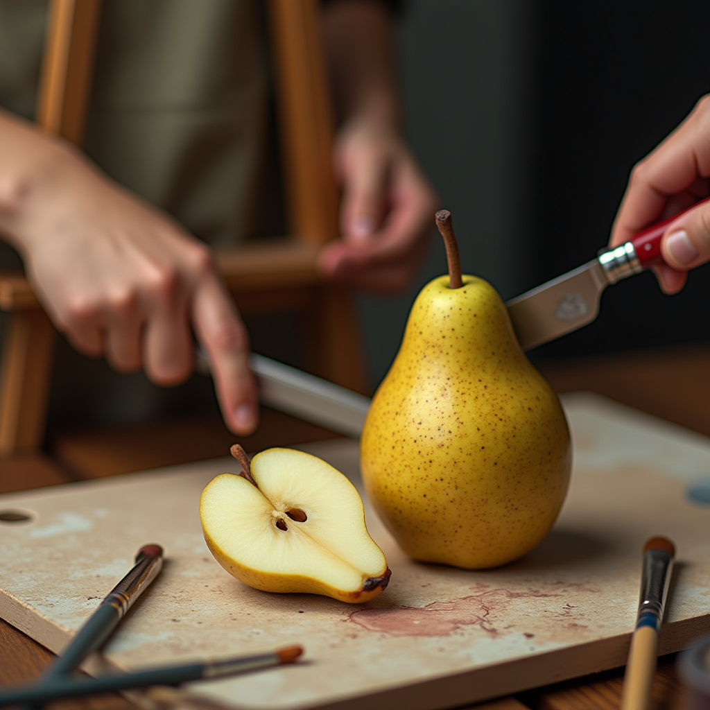 A pear being sliced on a wooden cutting board, surrounded by paintbrushes, capturing a blend of culinary and artistic themes.