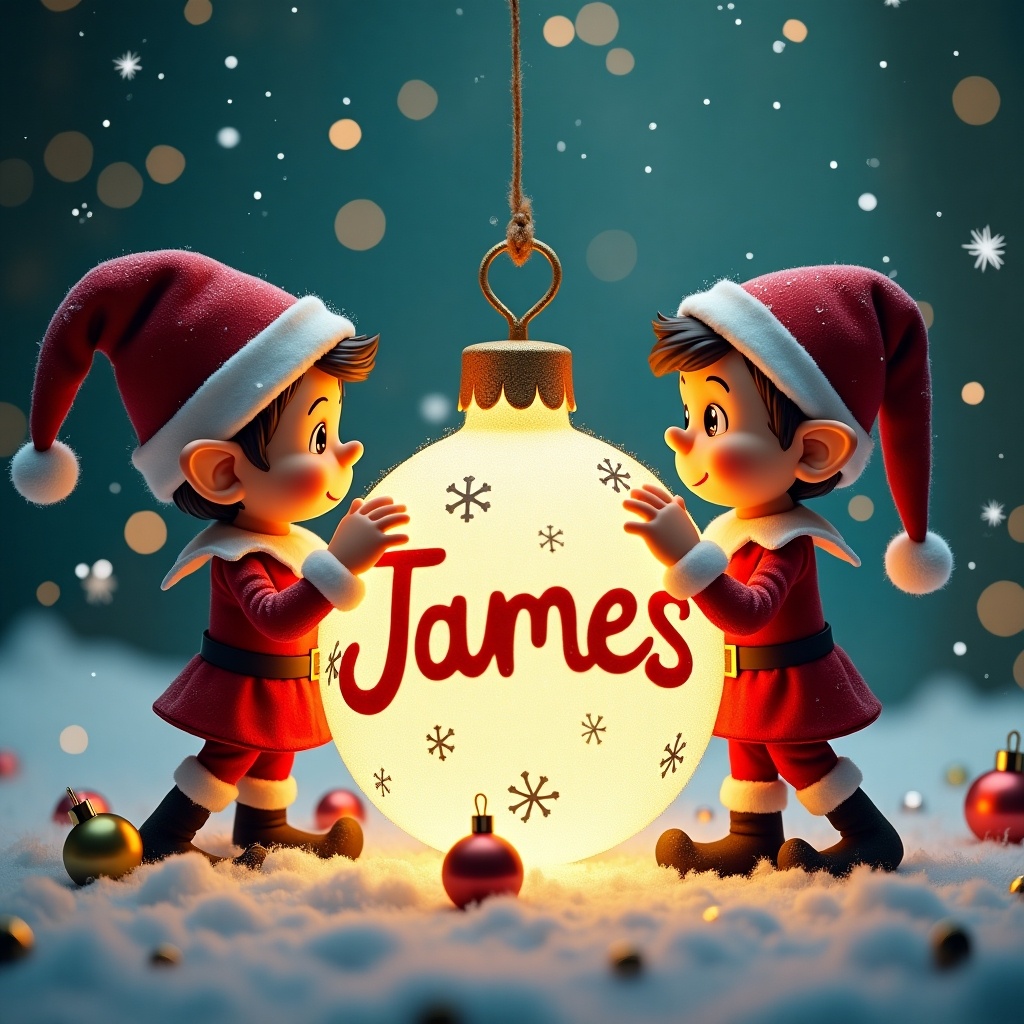 This image features two cheerful elves dressed in festive red outfits, joyfully holding a glowing Christmas bauble. The bauble prominently displays the name 'James,' making it a special and personalized decoration. The background is adorned with soft falling snow and twinkling lights, enhancing the magical holiday spirit. The elves' expressions are filled with delight as they prepare for the Christmas festivities. They are surrounded by a soft snowy surface and colorful ornaments, contributing to the festive atmosphere.