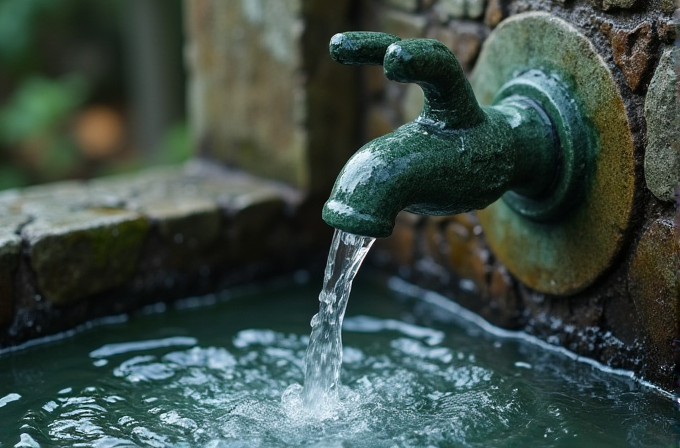 A vintage green tap over a stone basin with water gently pouring into it.