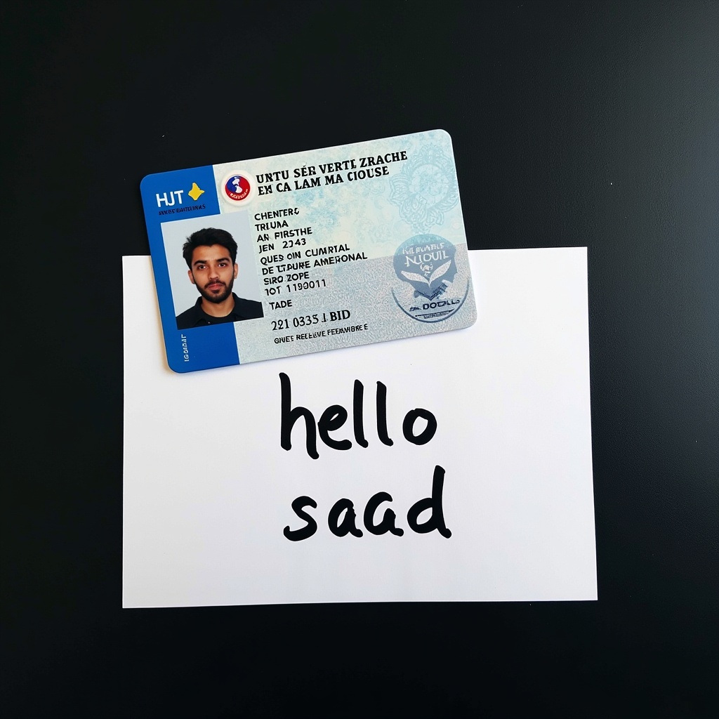 A French national identity card is on a dark surface. Below the card is a white piece of paper with the handwritten saying hello saad. The ID card has personal details and a blue and white design.